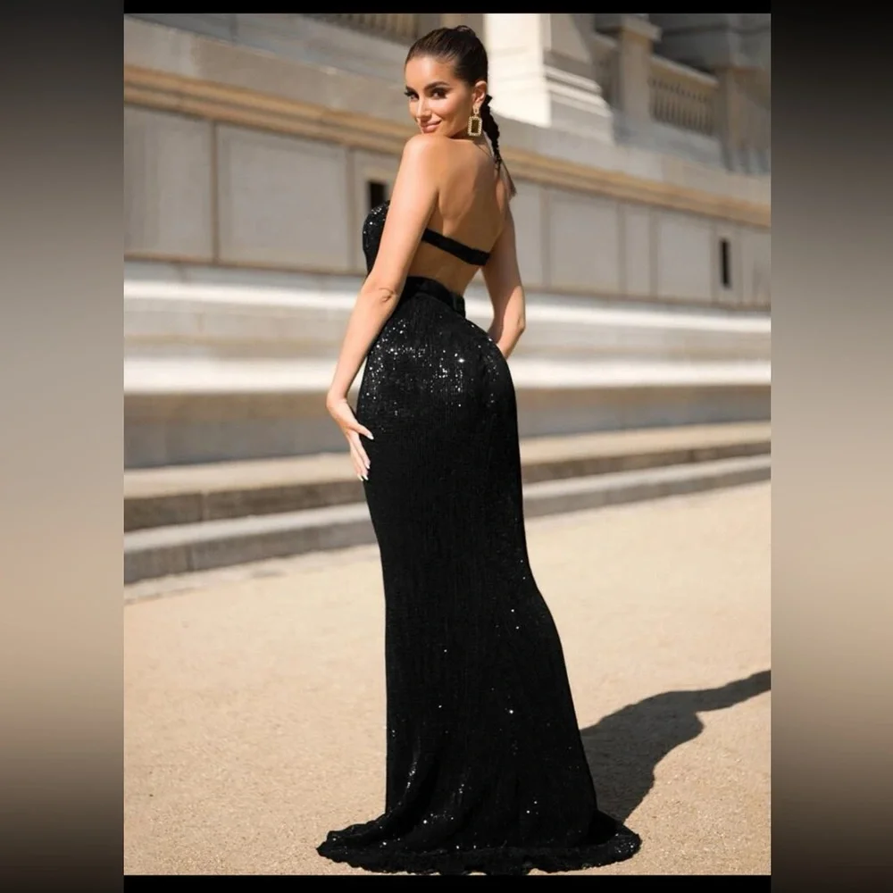 Strapless Black Sequin Mermaid Evening Dress